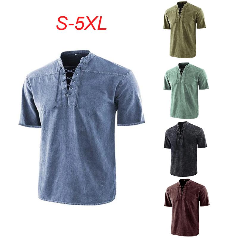 T-shirt à manches courtes et col en V pour homme, haut uni, décontracté, à lacets