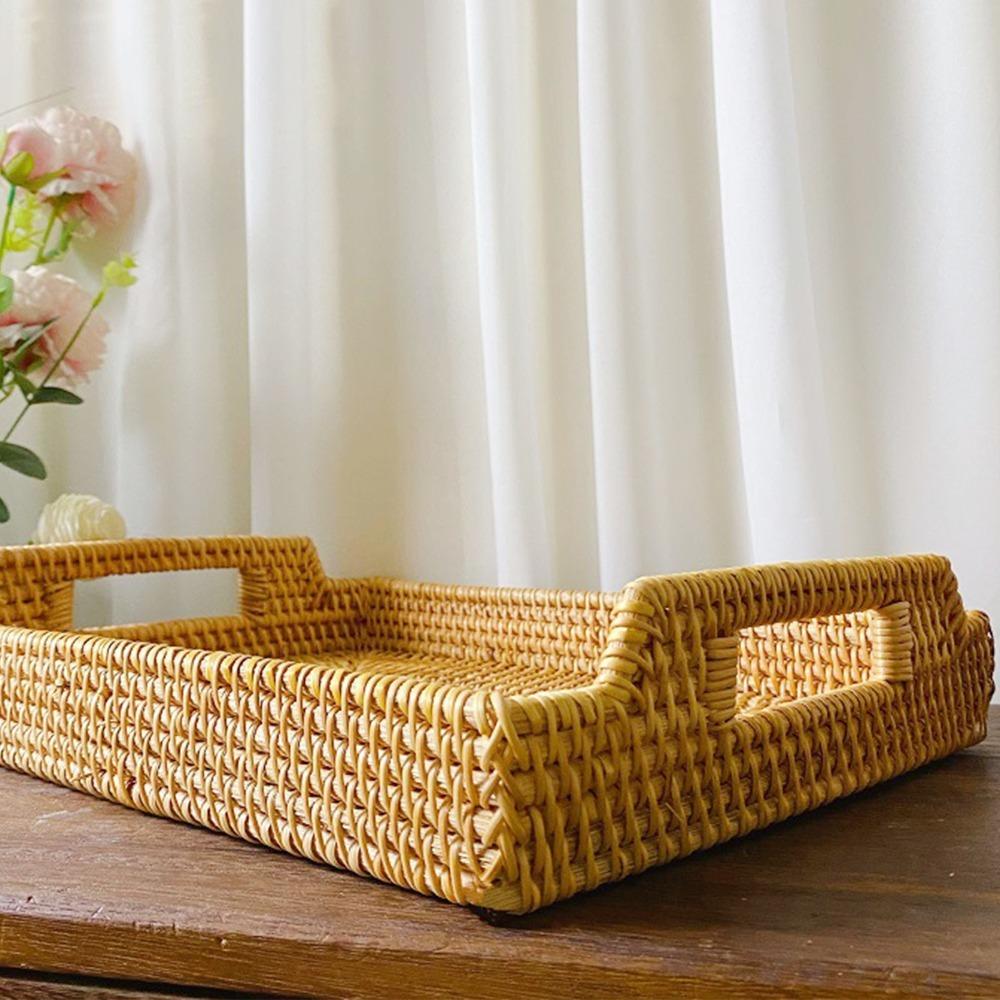 Woven Craft Tray with Handles Woven Fiber Decorative Tray Storage Tray Food Serving