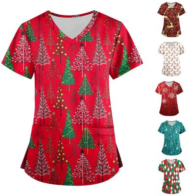 Women's Fashion V-neck Short Sleeve Workwear With Pockets Christmas Printed Tops