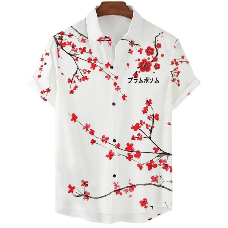 Fashionable Luxury Social Men's Shirt Lapel Button-down Shirt Casual Japanese Aesthetic Cherry Blossom Print Short-sleeved Tops