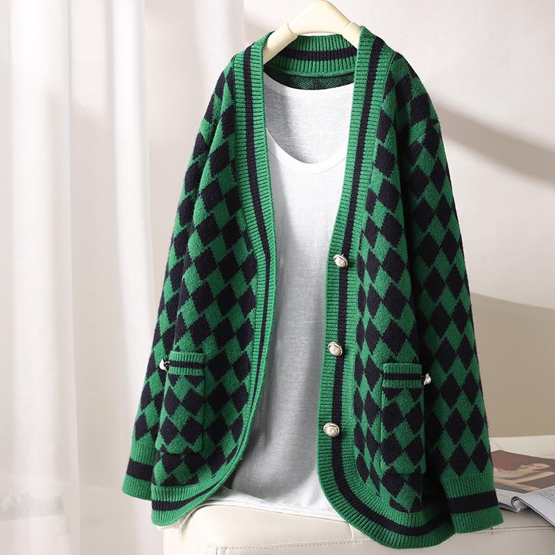 

Осень-зима, свитер с v-образным вырезом и длинными рукавами, женские повседневные черные кардиганы большого размера с узором «гусиные лапки», женские винтажные вязаные свитера One Size