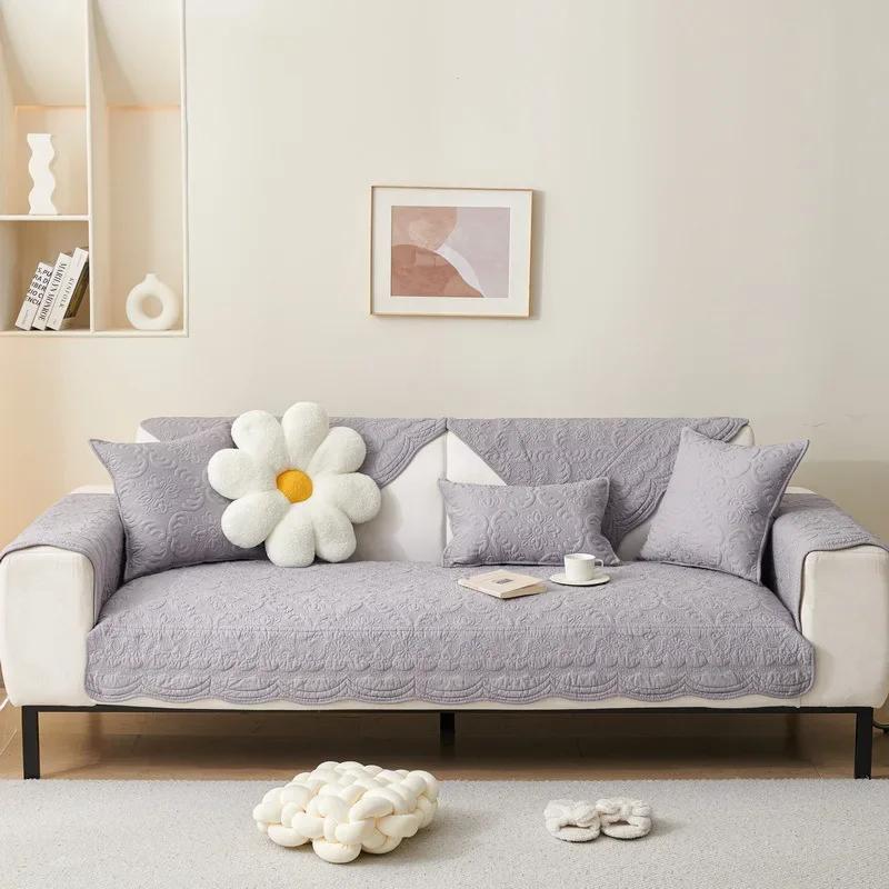Cotton Sofa Cover for Living Room Cream Style Solid Color Sofa Cushion Non-Slip Four Seasons Couch Towel Furniture Protector