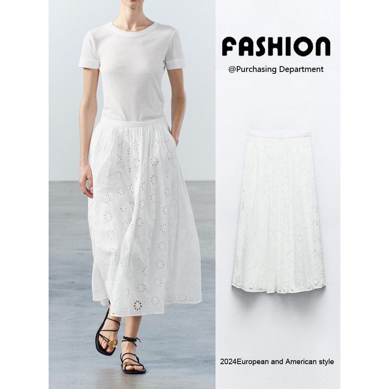 Za2024 Summer New Product Women's Clothes Pure Color Elastic Waist Skirt Cut Out Embroider Skirt 3370011 250