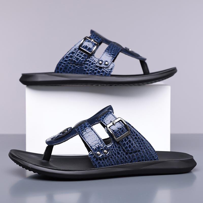 Men Black Leather Slippers Simple Flats Summer White Flip Flops Outdoor Sandals Blue Open Toe Beach Shoes Plus Size