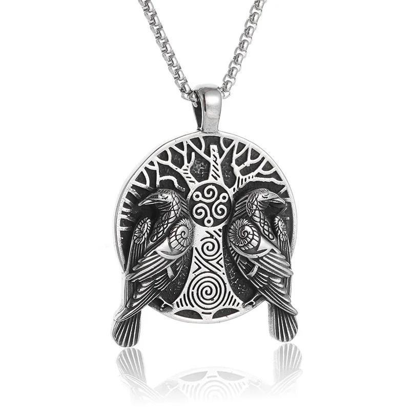 Retro Norse Mythology Double Raven Tree of Life Pendant Necklace for Men Cool Hip Hop Jewelry Gift