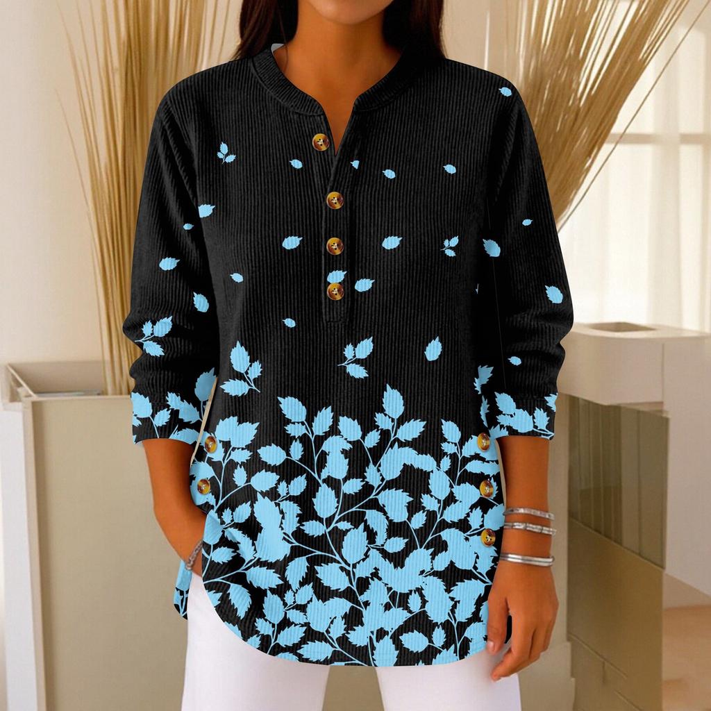 Damen Modisches Knopfkragen Langarm Weihnachtsdruck Pullover Top