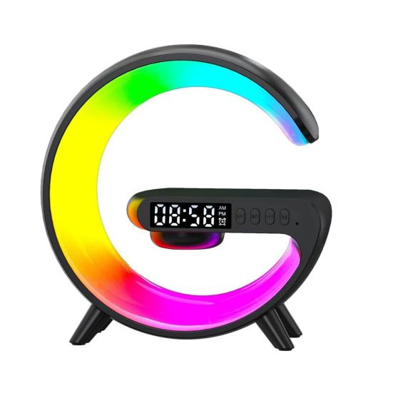 

Беспроводное зарядное устройство для динамика 4-в-1, прикроватный светильник с приложением синхронизации музыки, пульт дистанционного управления, G-образная светодиодная лампа для динамика чёрный