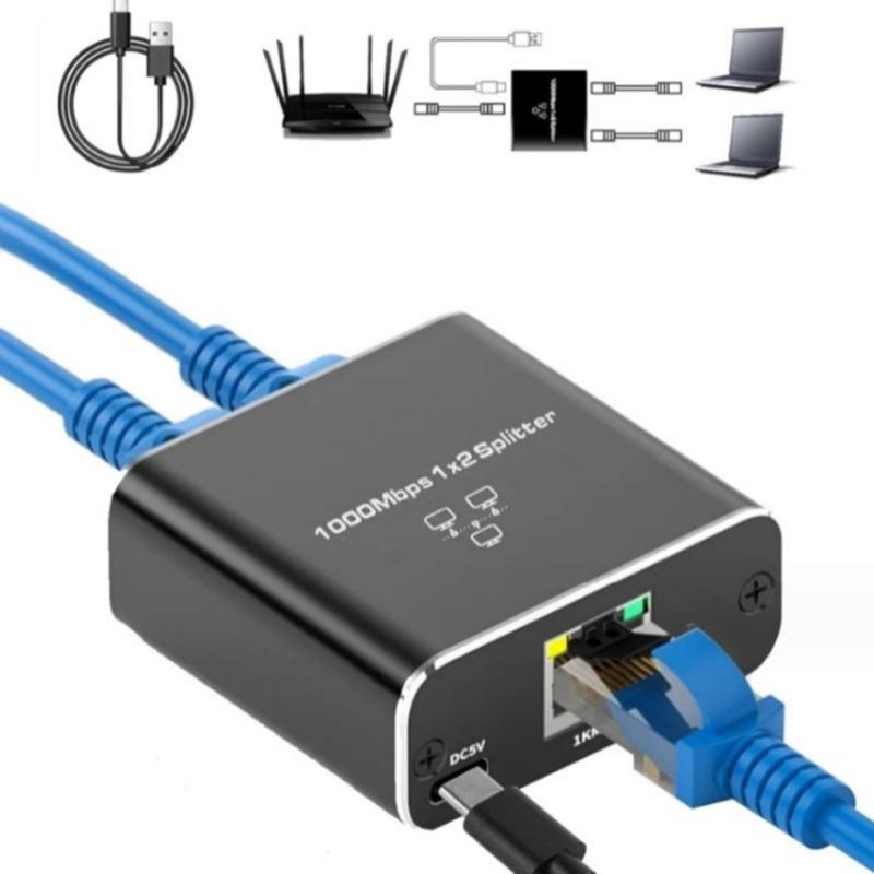 1 to 2 RJ45 Ethernet Splitter Converter with USB Power Cord for Gigabit Networking Expansion Multiple Device Connection