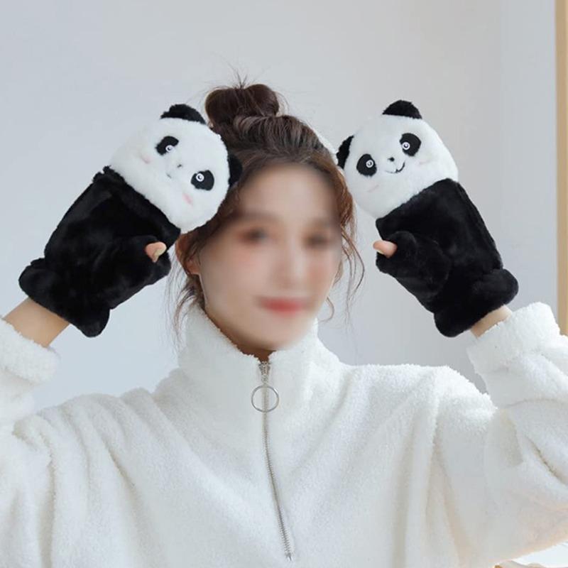 Women Plush Warm Glove Lovely Rabbit Cat Panda Mittens Flip Fingerless Glove Soft Girls Thick Gloves Flexible Half Finger Winter