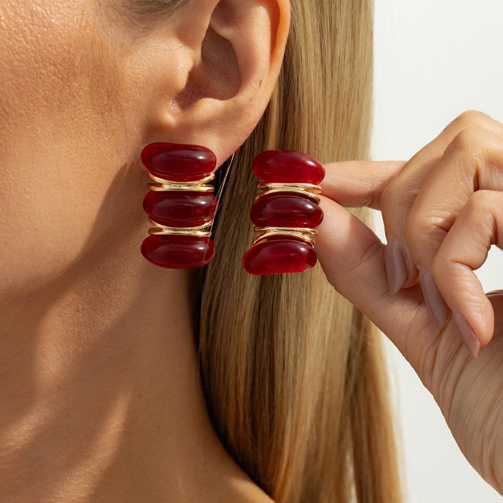 Temperament Light Luxury Resin Gem Stud Earrings, Retro Geometric Irregular Pleated Metal Oil Drop Earrings