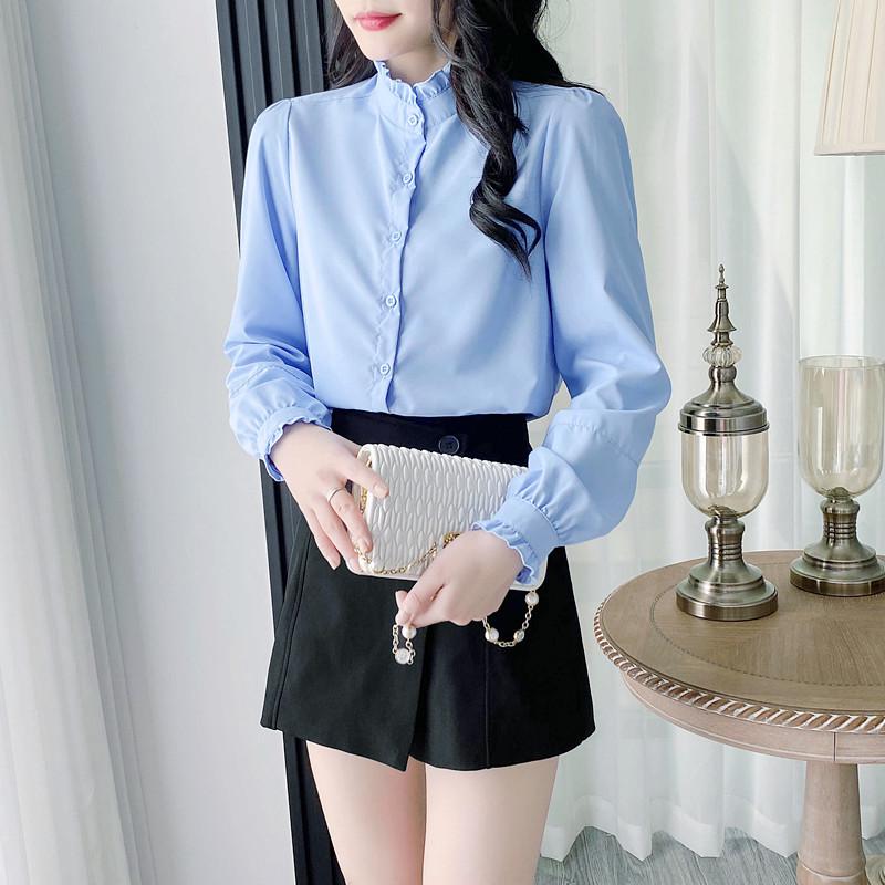 Women's 2024 French Stand-Up Collar Ruffled Long-Sleeve Shirt
