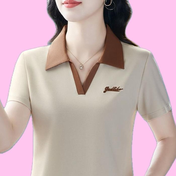 

Футболка с короткими рукавами и лацканами для женщин, летний новый костюм для мам, рубашка-поло, повседневный спортивный вышитый топ 4XL