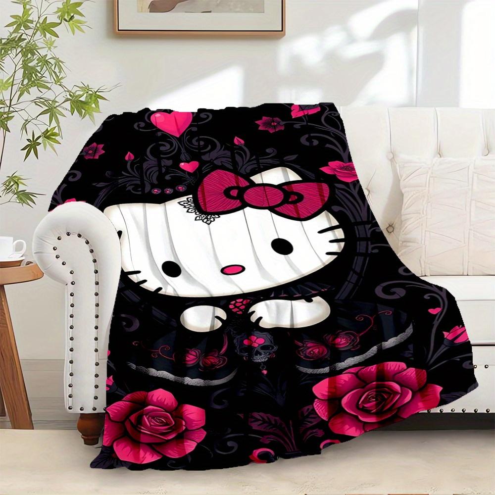

For Hello Kitty, Gothic, RosesAnime-Themed Flannel Blanket, Glam Style, Digital Print, All-Season Comfort, Tear-Resistant, Knitted Craftsman 130x150cm