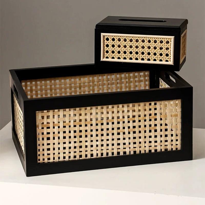 Robusto Cesto portaoggetti in Legno e Bambù Con Disegni Intrecciati a Mano Adatto come Accessorio per Armadi per l'Organizzazione della Casa Uso Quotidiano