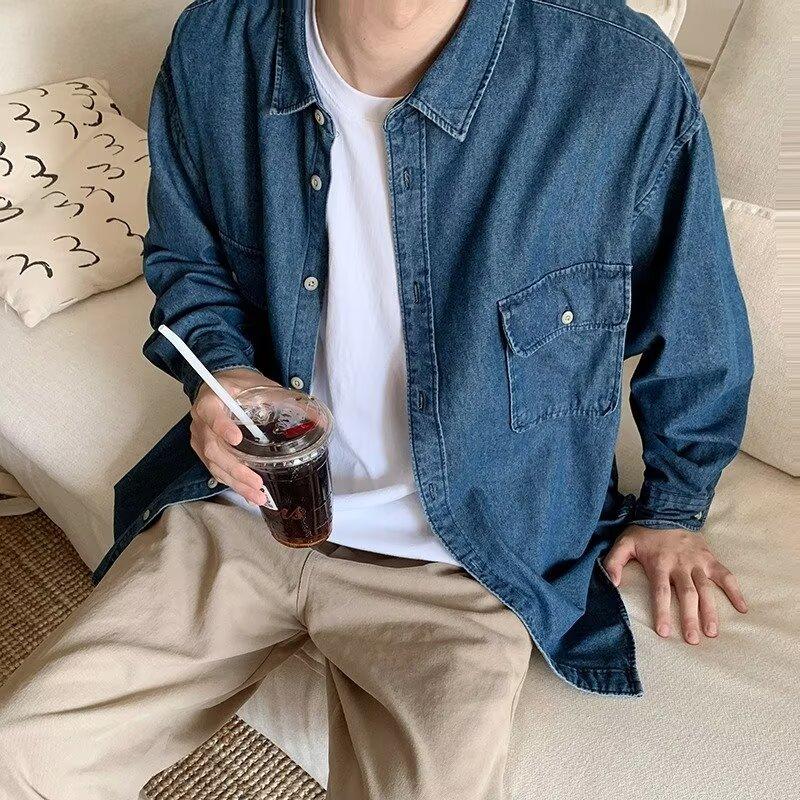 

Рубашка с длинным рукавом, мужская рубашка из чистого хлопка, повседневная мужская одежда в корейском стиле, приталенная джинсовая куртка, весенняя и осенняя модная одежда 2XL синий