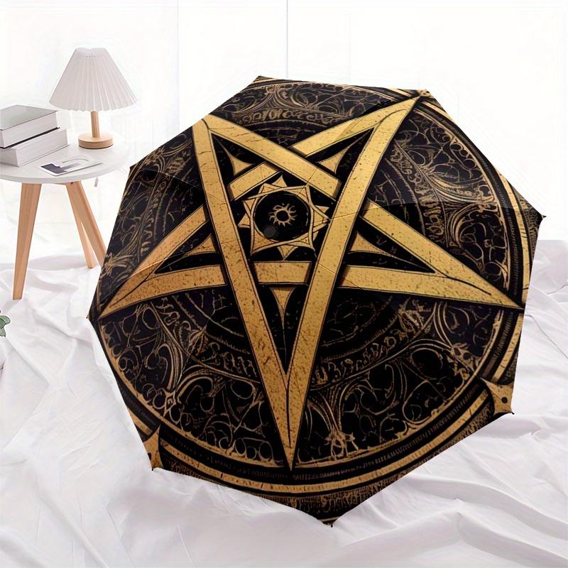 Golden Pentagram Symbol Tapestry Wall Hanging Decor Umbrella, Cute Umbrella with Cute Design, Portable 3-Fold Compact Umbrella for Men & Women, Valent