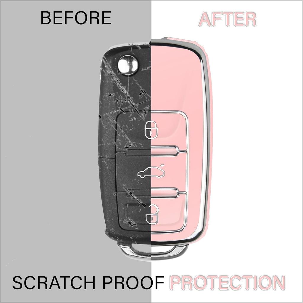 QBUC for VW Key Fob Cover with Keychain Silver Trim Soft TPU Compatible with Volkswagen Jetta Beetle Santana Scirocco Eos Tiguan Touran Polo MK5