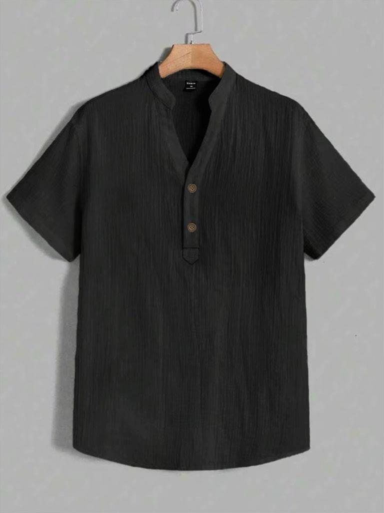 Herren Weiß Leinenmischung Kurzarm Henley-Shirt, Mandarinkragen 2 Knöpfe Halbknopfleiste Lockerer Schnitt Atmungsaktiv Lässig Sommer Strand Basis Top
