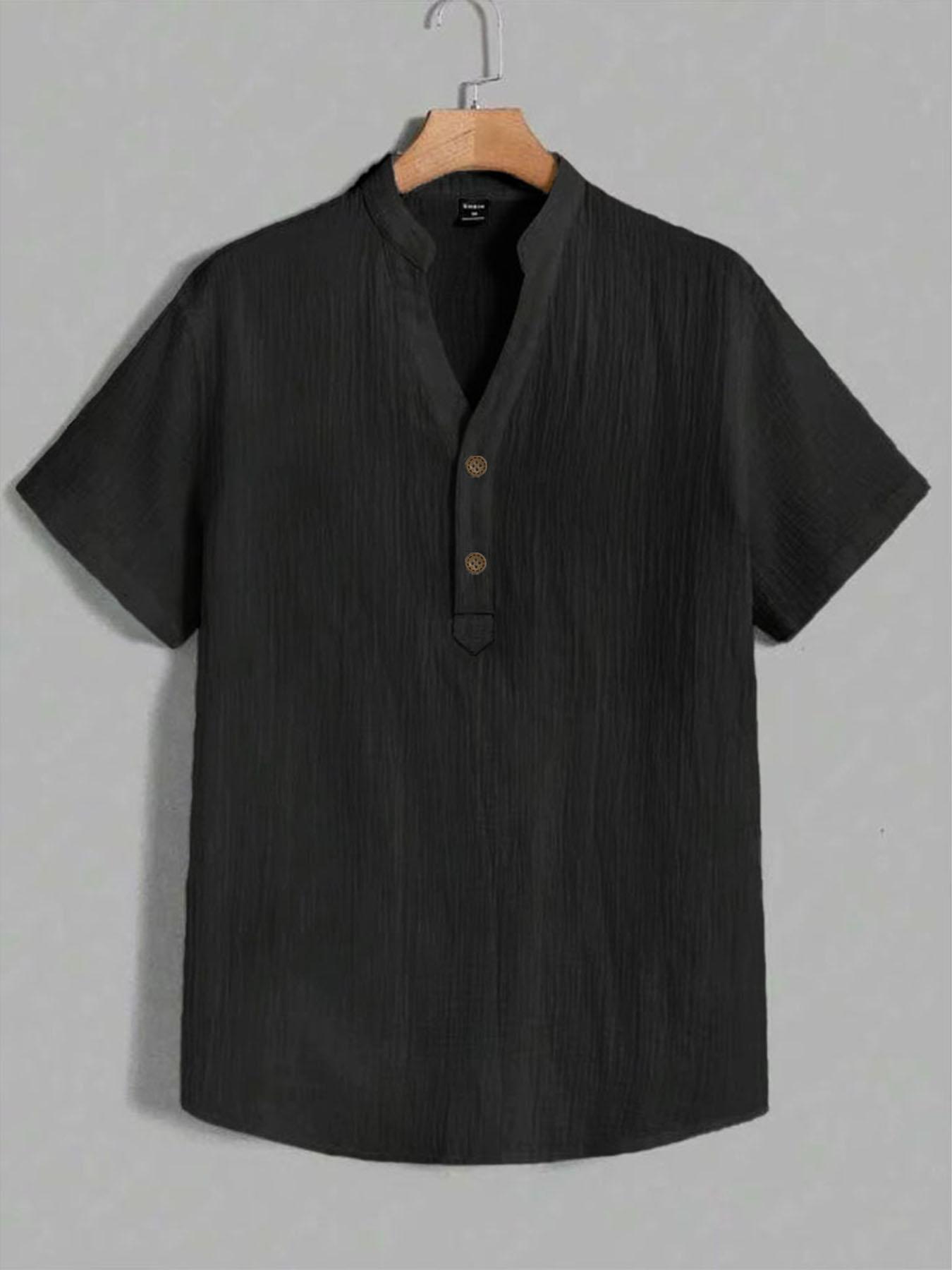 Men s White Linen Blend Short Sleeve Henley Shirt, Mandarin Collar 2 Buttons Half Placket Loose Fit Breathable Casual Summer Beach Basic Top S