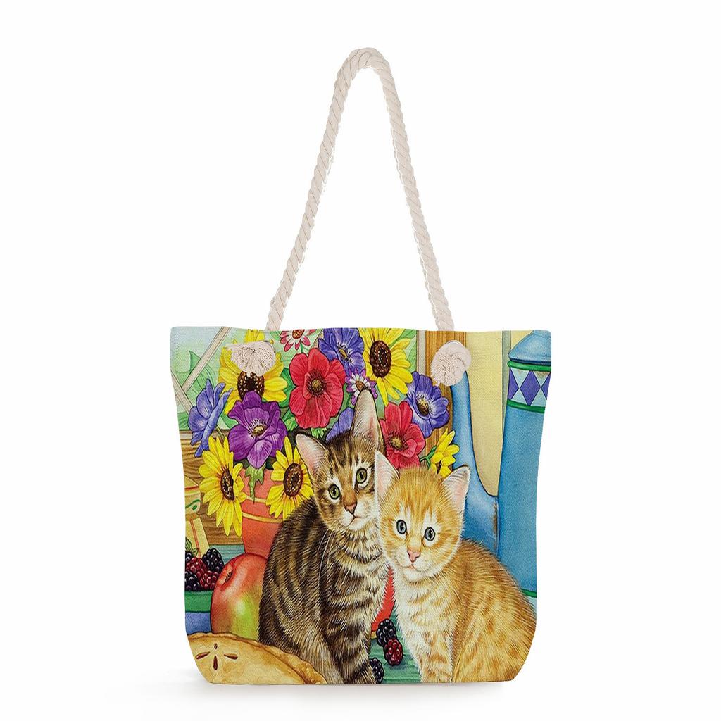 Cat print thick rope single-shoulder beach bag 7228