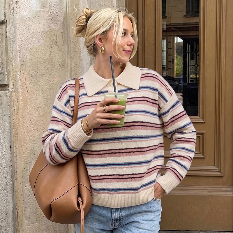 2026 Autumn/Winter Women's Striped Polo Collar Cardigan Sweater - Long Sleeve Knit