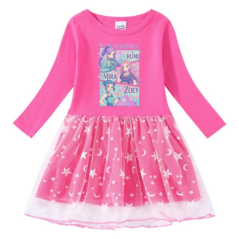 Korean Style Kpop Demon Slayer Mesh Princess Dress for Girls - Short/Long Sleeve Options