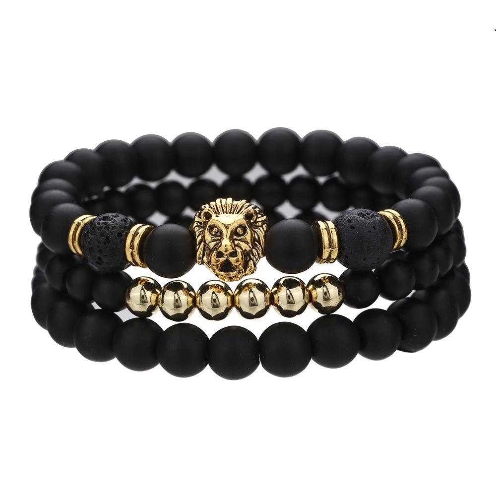 Men s Retro Hip Hop Black Agate Beaded Bracelet Set