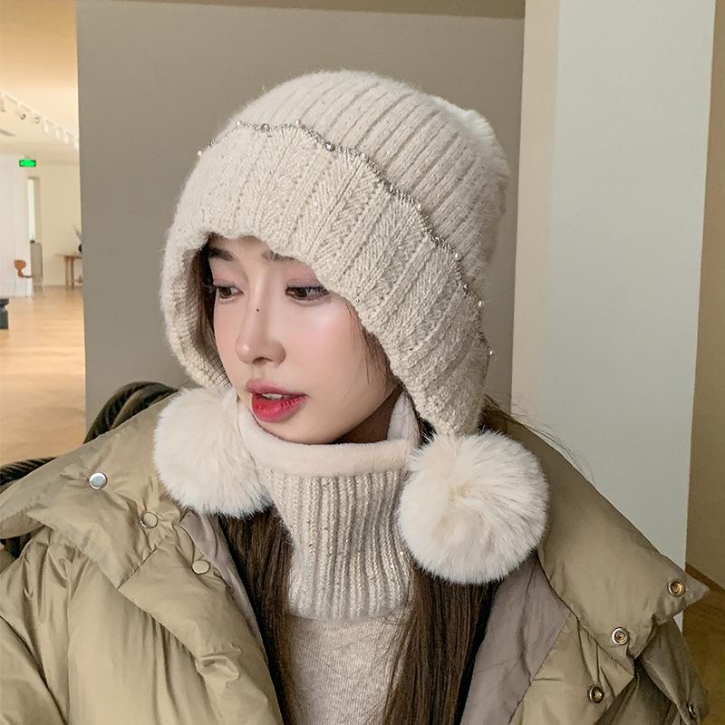 Warm Hairball Ear Protection Face Knitted Hat Women's Winter Rabbit Hair Cold-proof Wool Hat Plush Pullover Hat Women