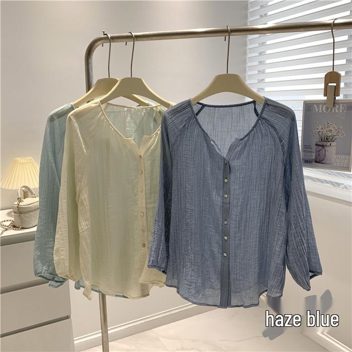 

Женская рубашка из тенселя и хлопка с плиссированными длинными рукавами для защиты от солнца - Летняя тонкая, Прозрачная, Свободная, Повседневная накидка для кондиционирования воздуха. One Size