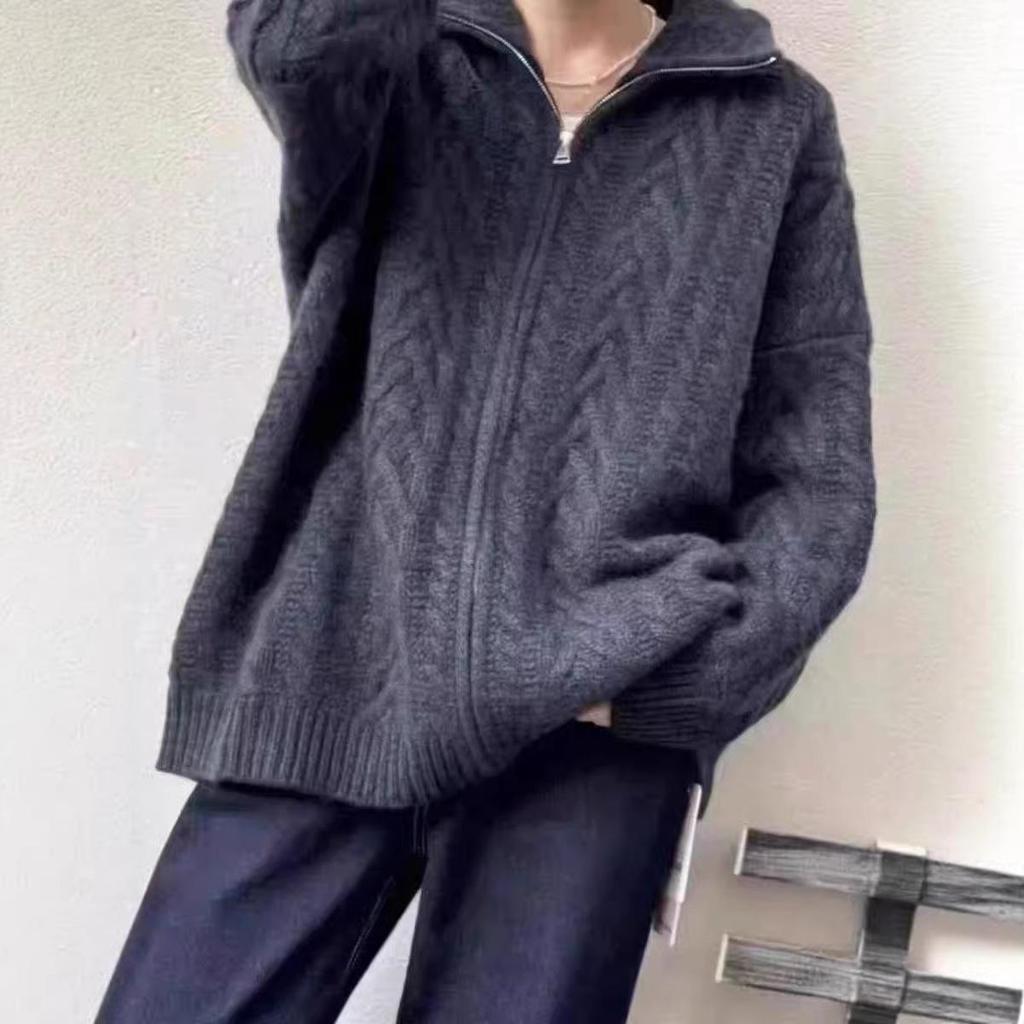 Women's Fall/Winter Cable Knit Zipper Cardigan - Lazy Style Fashion with Lapel