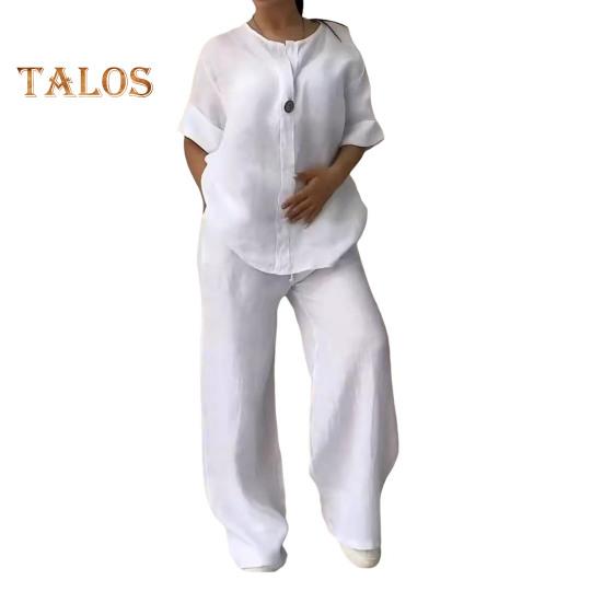 2 Pcs/Set Blouse Pants Set V Neck Long Sleeves Button Decor Top Wide Leg Loose Drawstring Elastic Waist Trousers OL Commute Casual Homewear Outfit