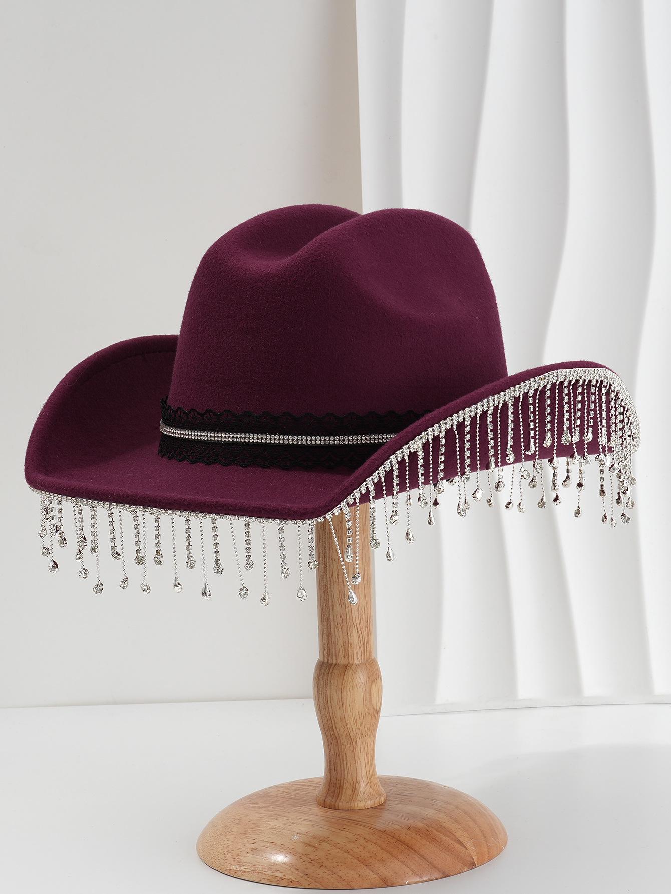 

Элегантный цилиндр с крошкой бриллиантов, кисточками и стразами для мужчин и женщин - Черное кружевное вырезание для сцены, бала или вечеринки M (56-58cm) вино красного