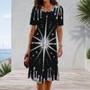 Women Plus Size Round Neck Short Sleeve Grey White Printed A Line Dress