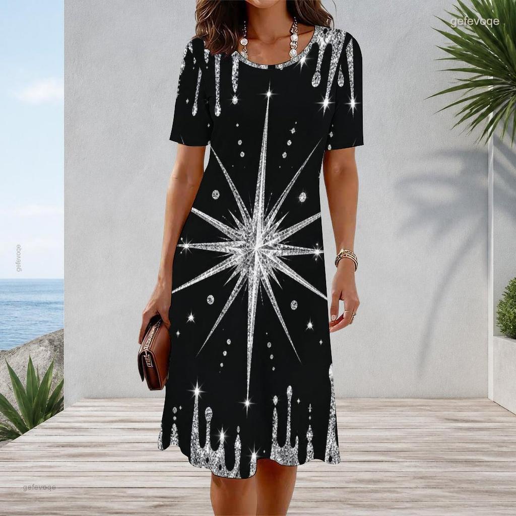 Women Plus Size Round Neck Short Sleeve Grey White Printed A Line Dress