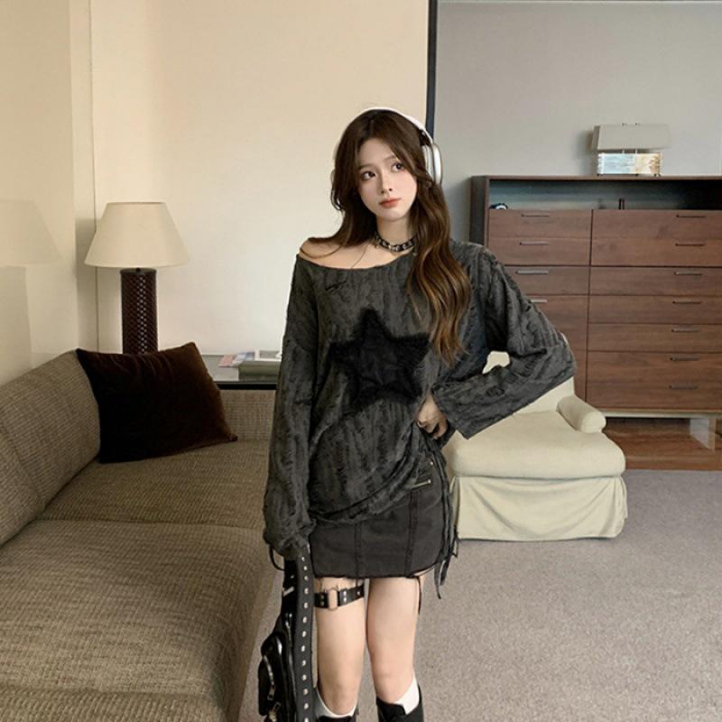 

Трендовый женский топ на одно плечо с длинным рукавом и кулиской, с вырезами XL (suggested 125-145 lbs) темно-серого