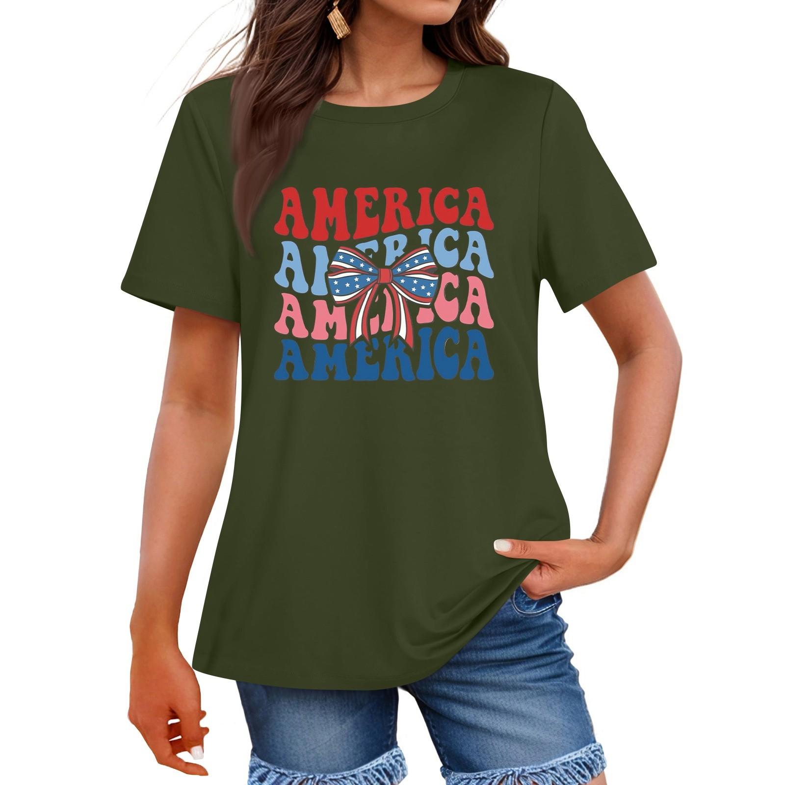 

Женская мода День независимости принт круглый вырез короткий рукав повседневная футболка топ XL