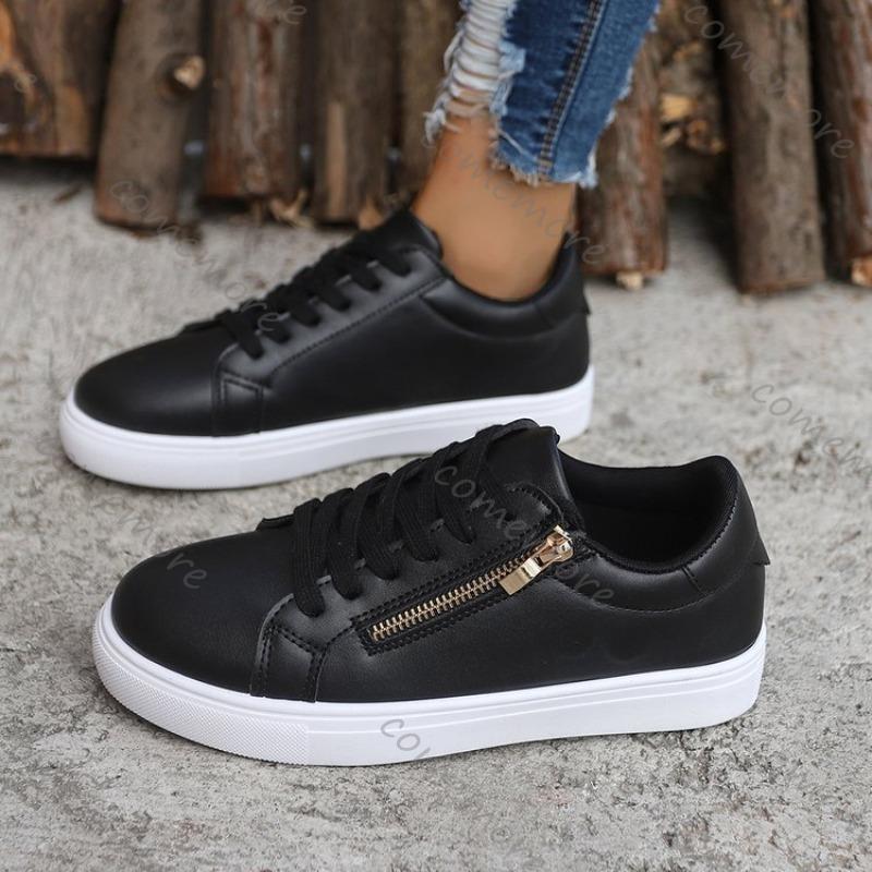 Fashion Comemore Women's Flat Bottom Sneakers Fashionable Leather Side Zip White Black Casual Tennis Female Autumn Lace Up Zapatillas