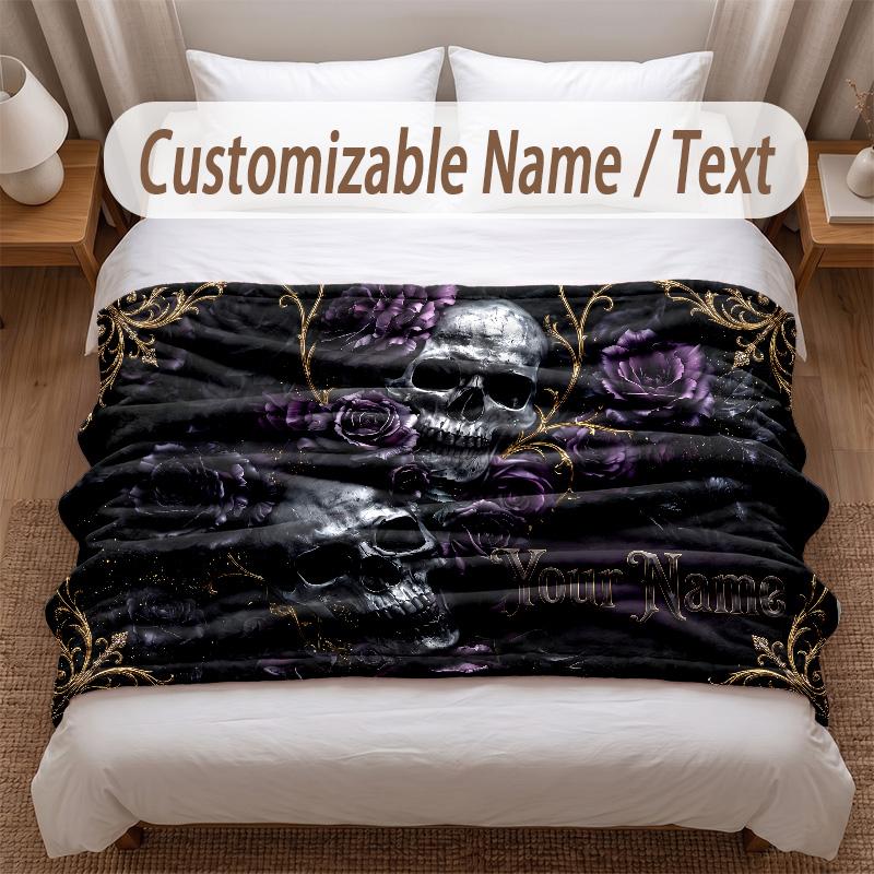 Skull Gothic Theme Soft Blanket Personalized Custom Name Text Print Warm Blanket Home Sofa Bedroom Decor