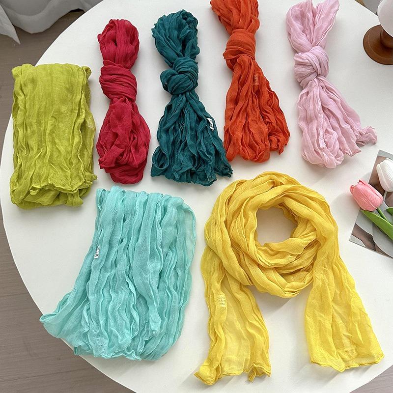 Scarf women's long pleated small twist new candy color wrinkled silk scarf plain color good match Bali yarn shawl