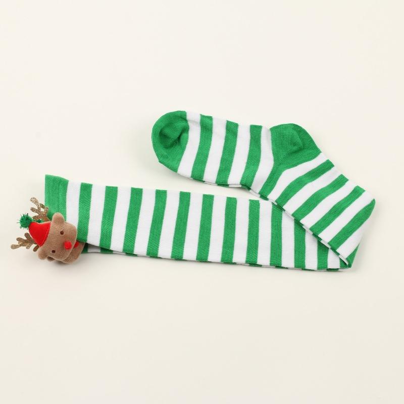 Women Christmas Over Knee Long Socks Cartoon 3D Elk Bowknot Striped Print Thigh High Stockings Holiday Party Hosiery