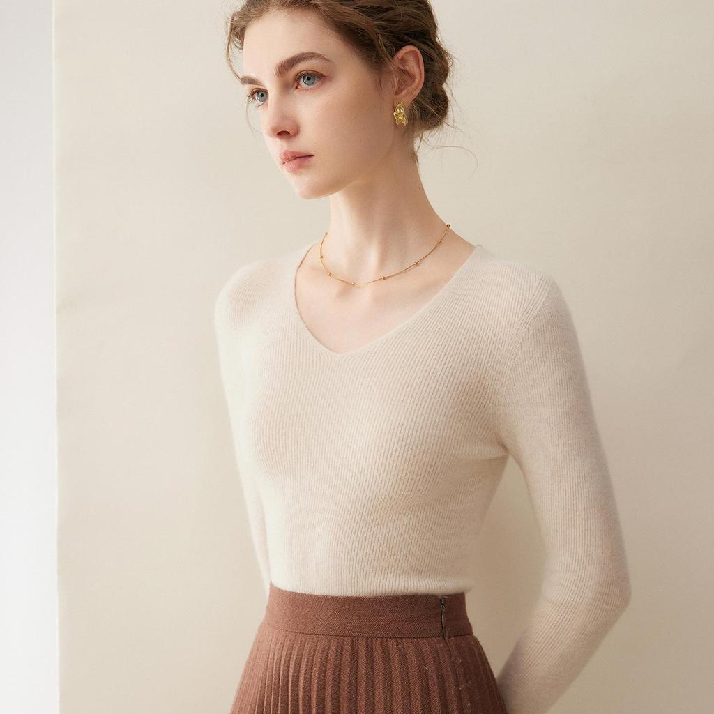 Women's Seamless V-Neck Ribbed Cashmere Sweater - Slim Fit Base Layer for Autumn/Winter