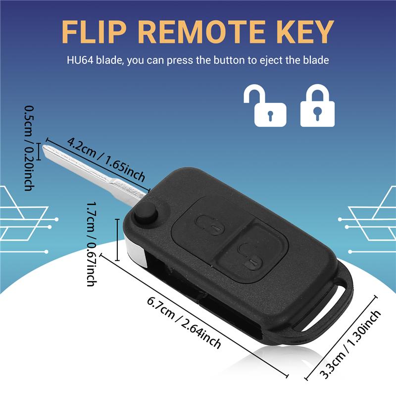 Authentic 2 Button Flip Remote Key Case HU64 Blade FOB For Mercedes Benz A C E S W168 W202 Car