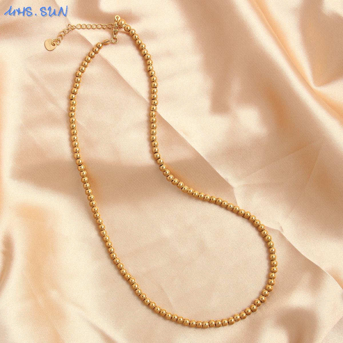 

MHS.SUN Модное Золотое Цветовое Шариковое Жемчужное Ожерелье из Нержавеющей Стали 4/6/8/10 ММ Металлические Бусины Регулируемое Украшение для Женщин Мужчин