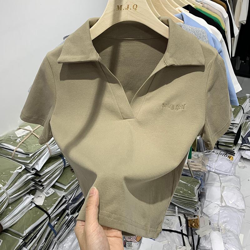 

Женская футболка-поло с короткими рукавами, лето 2024, New Design Sense, нишевый, свободный и универсальный короткий топ с лацканами, однотонный цвет