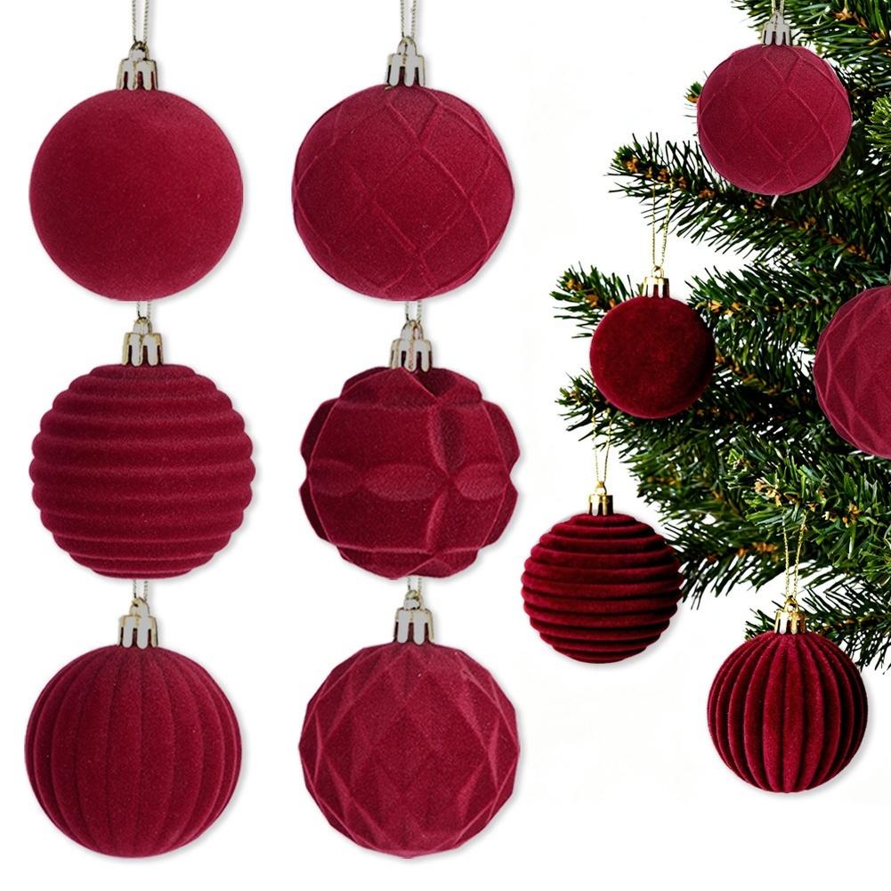 12 Pcs Burgundy Flocked Christmas Ball Ornaments Set, 6 Cm Velvet Finish Plastic Decorations For Holiday Tree DIY Display