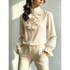 VEZFAA Women's Fashion Casual Spring Autumn Solid Color Print Long Sleeve High Neck Blouses & Shirts