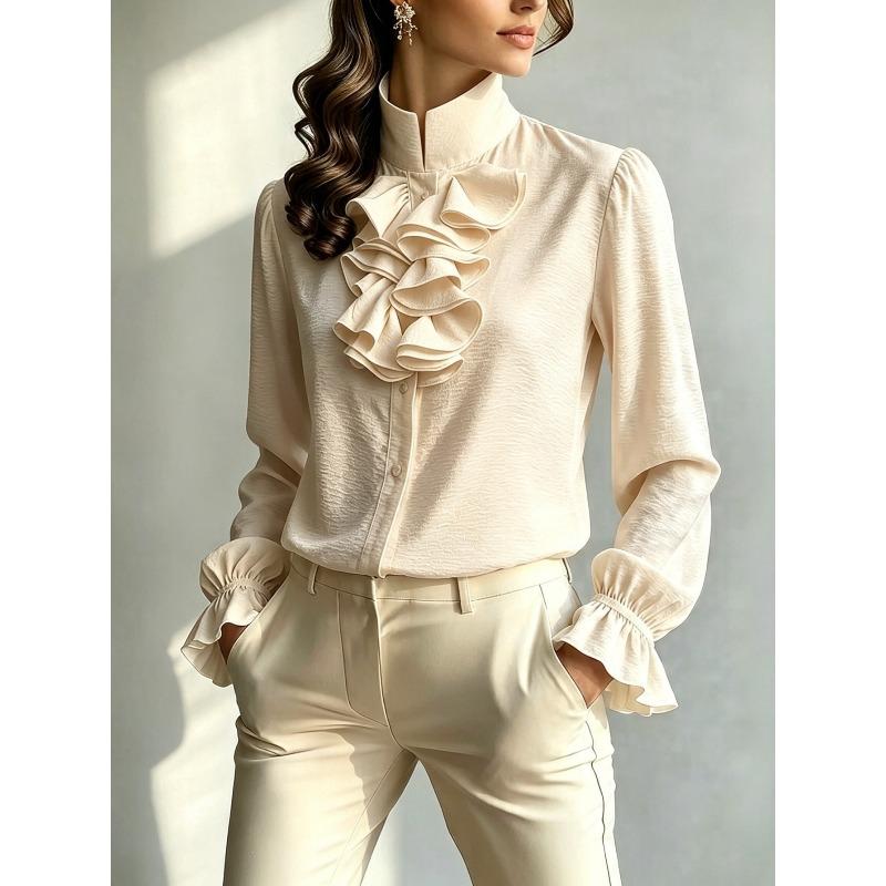 VEZFAA Women's Fashion Casual Spring Autumn Solid Color Print Long Sleeve High Neck Blouses & Shirts
