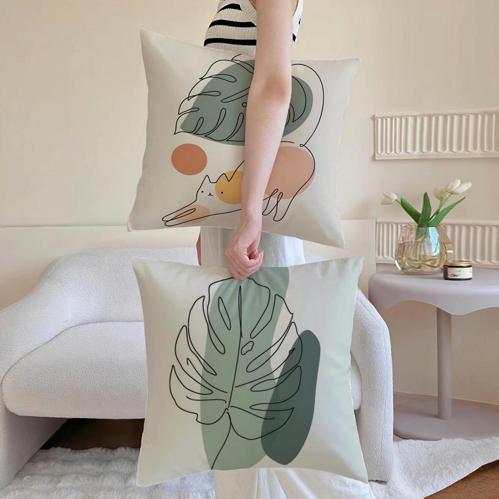 Minimal Casual Simple And Stylish Green Cat Cushion Cover Washable Linen Pillowcase Soft For Daily Sofa Bed Home Room Decor