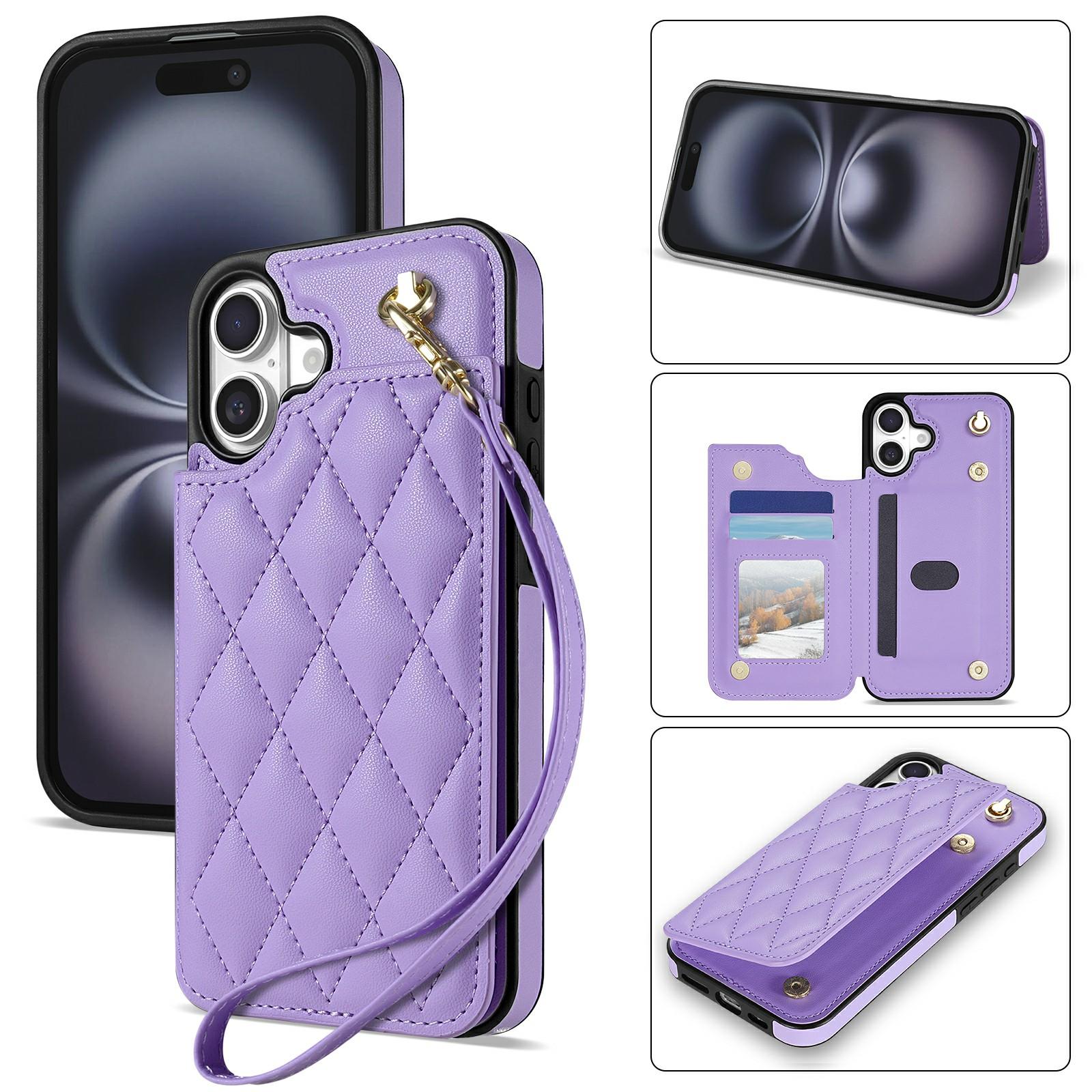 

For iPhone 16 Case with Wrist Strap Card Slots Rhombus Leather + TPU Phone Cover B