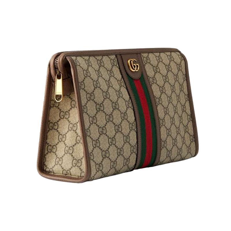 Gucci Ophidia distressed old flower logo striped webbing canvas patchwork toiletry bag clutch men's ebony/brown